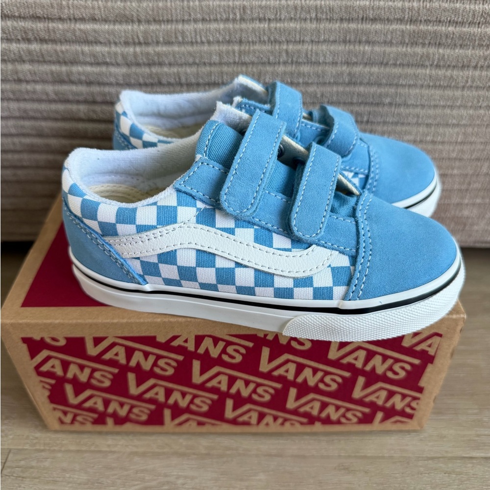 Vans Kids Light Blue Checkerboard Old Skool V Velcro Sneakers
